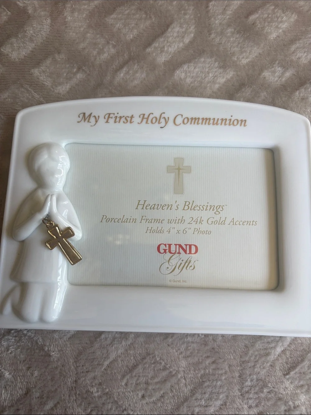 GUND White Porcelain First Holy Communion Frame with Gold Cross Accent